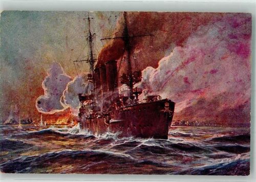 1916 sign. Stöwer, Willy Beschießung von Madras durch den Kreuzer SMS Emden Marine WK I Kolonialkriegerdank