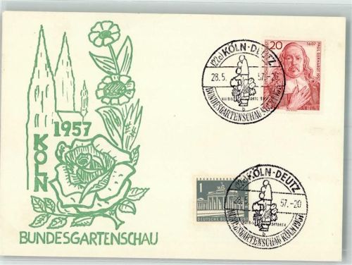 50667 W5000 Köln Deutz 105 1957 Sonderstempel Bundesgartenschau Köln Stilisierte Rose vor Kölner Dom Ort lt. Stempel