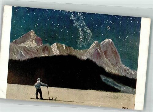 Serie XXV, 2 sign. Carl Reiser : Sternennacht am Wetterstein , Skifahrer