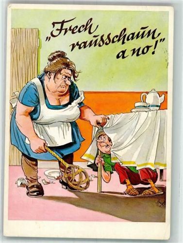 Mann versteckt sich vor seiner dicken Frau mit Teppichklopfer unter dem Tisch Verlag Lengauer Nr. 3288 Ehe Künstlerkarte
