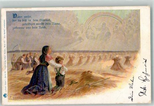 Eine Bauernfamilie betet bei der Erntearbeit zu Gott Verlag Rafael Neuber Serie 14 Döcker, E. 1900 Künstlerkarte