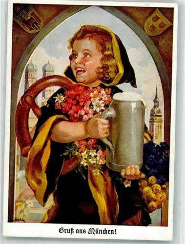 München Bierkrug Brezeln Blumen Frauenkirche sign. Hahn E. Verlag Lengauer Nr. 2024