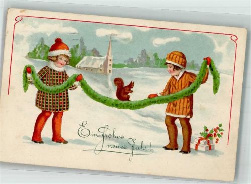 1928 Neujahr Kinder Gamaschen Girlande Stechpalme Kirche