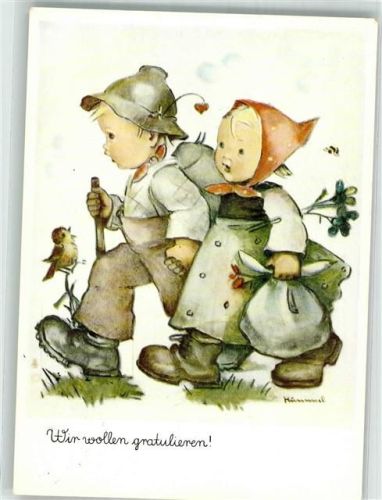 Zwei kleine Kinder kommen mit Blumen zum Gratulieren Verlag Josef Müller Nr. 5836