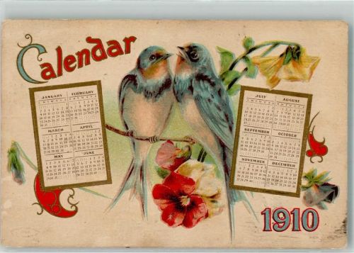 1910 Prägedruck Englischer Jahreskalender mit zwei Schwalben und Blumen