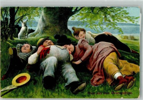 1915 Hund wacht über schlafende Familie unter einem alten Baum im Riesengebirge Verlag Zieher, Ottmar 4388
