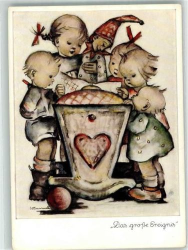 Geschwisterkinder mit Kasperlepuppe am Stubenwagen des Babys Verlag Josef Müller Nr. 5613