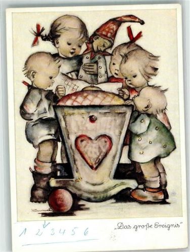 Geschwisterkinder mit Kasperlepuppe am Stubenwagen des Babys Verlag Josef Müller Nr. 5613