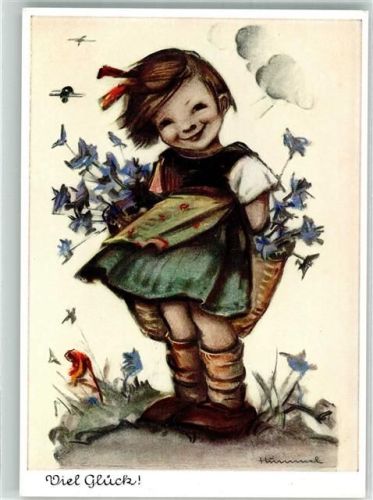 Kleines lachendes Mädchen mit einem Korb voller Blumen im Sturm Verlag Josef Müller Nr. 5203