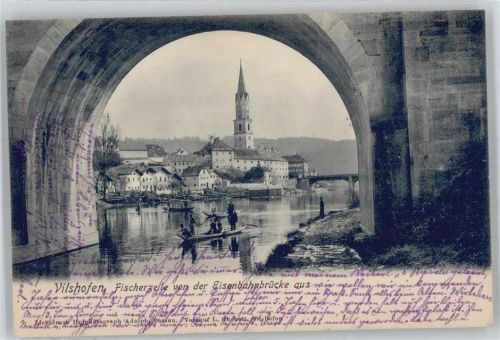 Vilshofen Fischerzeile von der Eisenbahnbrücke aus, Kirche