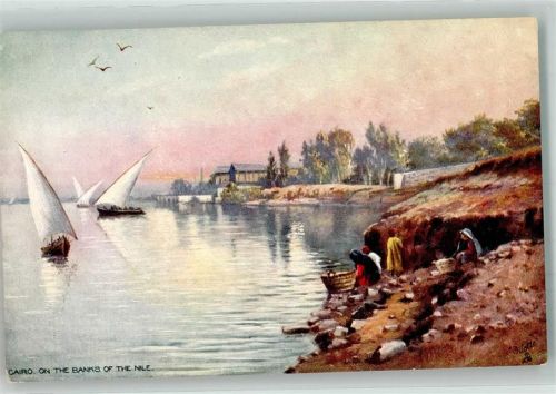 Kairo sign. Oilette Tuck und Sons Nr. 7434 Waschfrauen Am Nil Tracht Segelboote