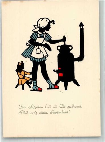sign. Gärtner, Gertrud Mädchen kocht der Puppe ein Süppchen