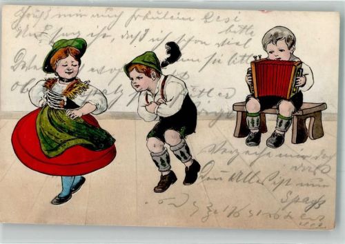 1907 Schuhplattler Kinder im Dirndl Ziehharmonika