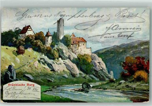 1902 Eine fränkische Burg auf einem Fels oberhalb eines Flusses