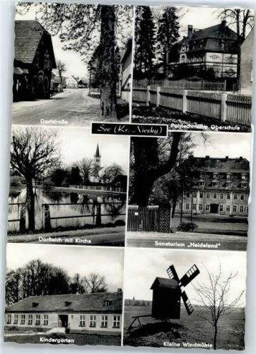 See Kleine Windmühle, Dorfstraße, Sanatorium Heideland, Dorfteich, Kirche, Schule, Kindergarten