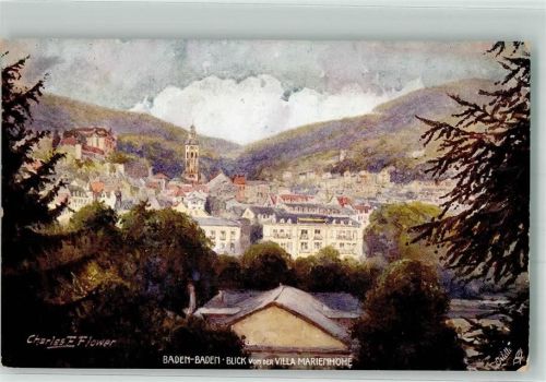 Baden-Baden 1919 sign. Flower, Charles Panorma des Ortes Oilette Serie Baden-Baden No. 675