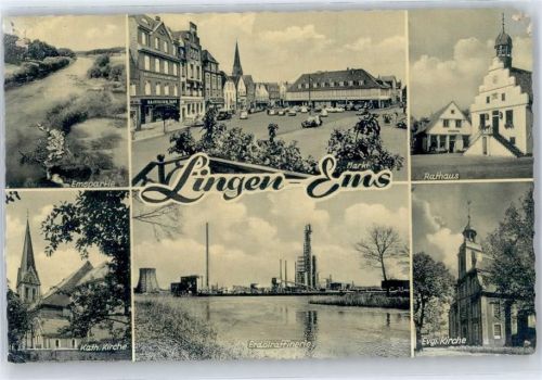49808 W4450 Lingen (Ems) - Emspartie, Markt, Rathaus, Kirche, Erdölraffinerie