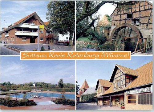 27367 W2724 Sottrum , Kr Rotenburg, Wümme - Wassermühle, Geschäft Kaufhaus Sebeke, Schwimmbad, Postamt