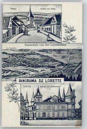 Lievin Panorama von der Lorettohöhe, Kirche und Höhe Vimy, Schloß von Rollencourt