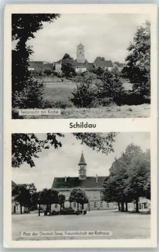 04889 O7295 Schildau , Gneisenaustadt - Teilansicht mit Kirche, Platz der Deutsch-Sowj.Freundschaft mit Rathaus
