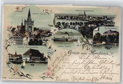 78462 W7750 Konstanz Gebrauchsspuren Münster, Conciliumsgebäude, Seestraße, Bodensee-Dampfer, Schloß Mainau