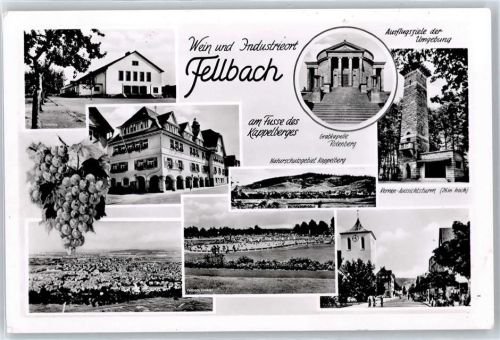 70734 W7012 Fellbach , Württ - Weinberg, Ortsansicht, Aussichtsturm, Stadthalle