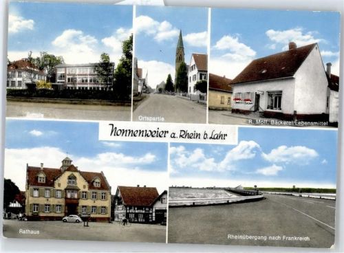 Nonnenweier Schule, Ortspartie, Bäckerei Moll, Rathaus, Rheinübergang