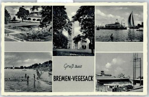 28195 W2800 Vegesack - Blick auf die Weser, Kirche, Großer Anleger, Signalstation, Am Strand