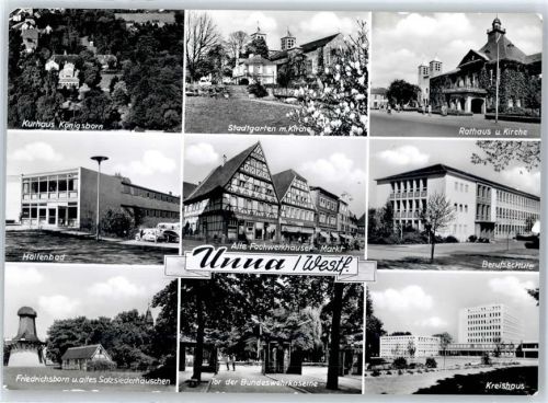 Unna Kurhaus Königsborn, Stadtgarten, Kirche, Rathaus, Schwimmbad Hallenbad, Friedrichsborn, altes Salzsiederhäuschen, Bundeswehrkaserne, Berufsschule, Kreishaus, Fachwerkhaus, Markt