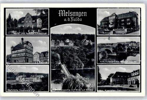 Melsungen 1957 Hotel Rathaus Schloss Fudlabrücke Landpost Stadtwald über Melsungen