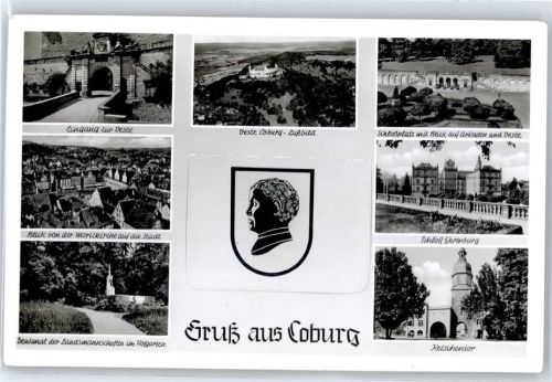 Coburg Leporello, Veste, Schloßplatz, Blick auf Arkaden, Schloß Ehrenburg, Ketschentor, Blick von der Moritzkirche, Denkmal der Landsmannschaften im Hofgarten, Wappen