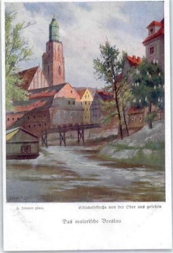 Breslau Elisabethkirche von der Oder aus gesehen