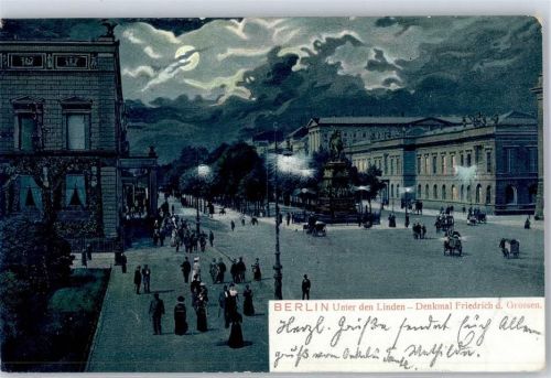 10115 W1000 Berlin Mitte Lithographie / Mondschein 1904 Unter den Linden Denkmal Friedrich des Grossen