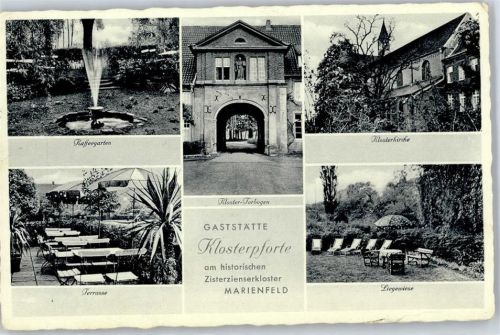Marienfeld Gasthaus Klosterpforte Terrasse Klosterkirche