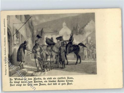 75323 W7547 Bad Wildbad im Schwarzwald Lithographie / Künstlerkarte Gasthaus Marktplatz Reiter