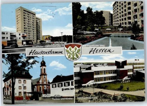 63150 W6056 Heusenstamm - Hochhaus Leibnitzstrasse Torbau kirche Schule Frankfurter Weg