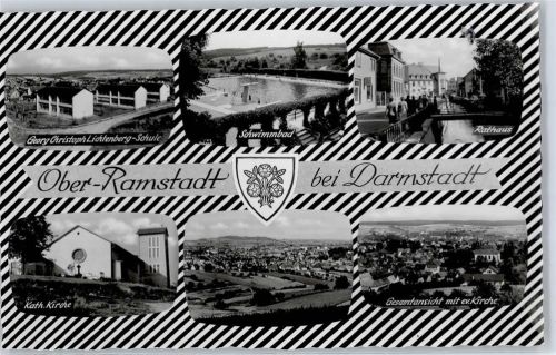 64372 W6105 Ober-Ramstadt 1961 - Schwimmbad Schule Kath. Kirche Wappen