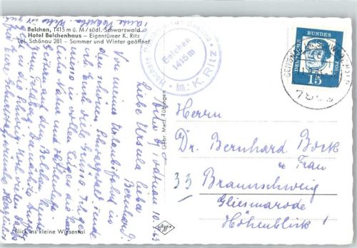 79677 W7869 Belchen im Schwarzwald - Landpoststempel Hotel Belchenhaus