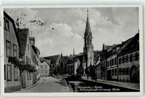 76356 W7504 Weingarten (Baden) - Bahnhofstraße mit evang. Kirche