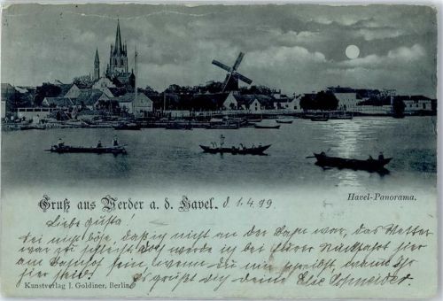 Werder 1899 Havel-Panorama Mondschein-AK Windmühle