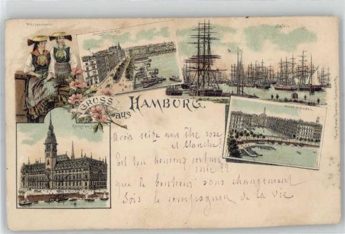 Hamburg 1897 Jungfernstieg Hafen Arkaden Rathaus Vierländerin Tracht