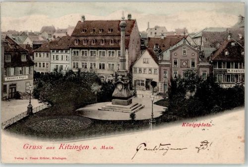 97318 W8710 Kitzingen 1899 Lithographie Königsplatz Denkmal Handlung