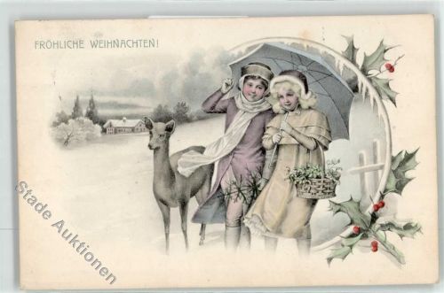 1908 Kind Regenschirm Reh Mistel