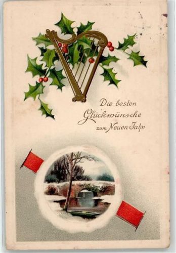 Stechpalme Neujahr Harfe 1909 Prägedruck