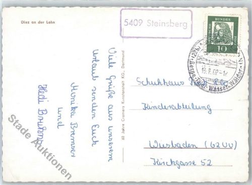 56379 W5409 Steinsberg , Rhein-Lahn-Kr - Landpoststempel Schloss Brücke Diez