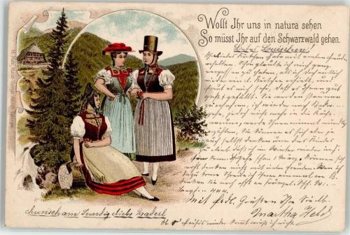 Gruss aus dem Schwarzwald Trachten Schwarzwald Lithographie