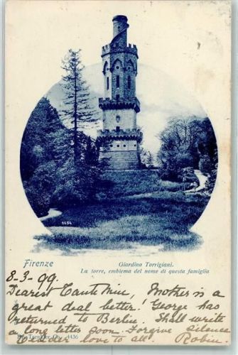 Firenze 1899 Giardino Torrigiani la torre emblema del nome di questa famiglia