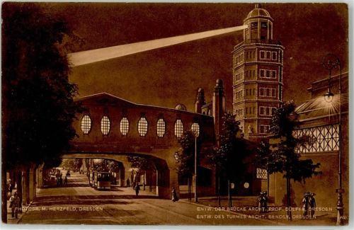 01067 O8000 Dresden - Hygiene Ausstellung 1911 Überbrückung der Lennestrasseee mit Aussichtsturm in Abendbeleuchtung Straßenbahn