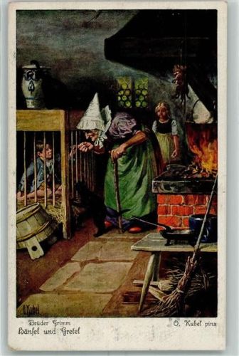 Hexe Stall Kinder Feuer Küche Besen Bottich sign. O. Kubel Serie 125 No.3715