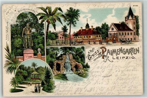04103 O7000 Leipzig 1900 Lithographie Palmengarten Dr. Carl Heine Denkmal Grotte